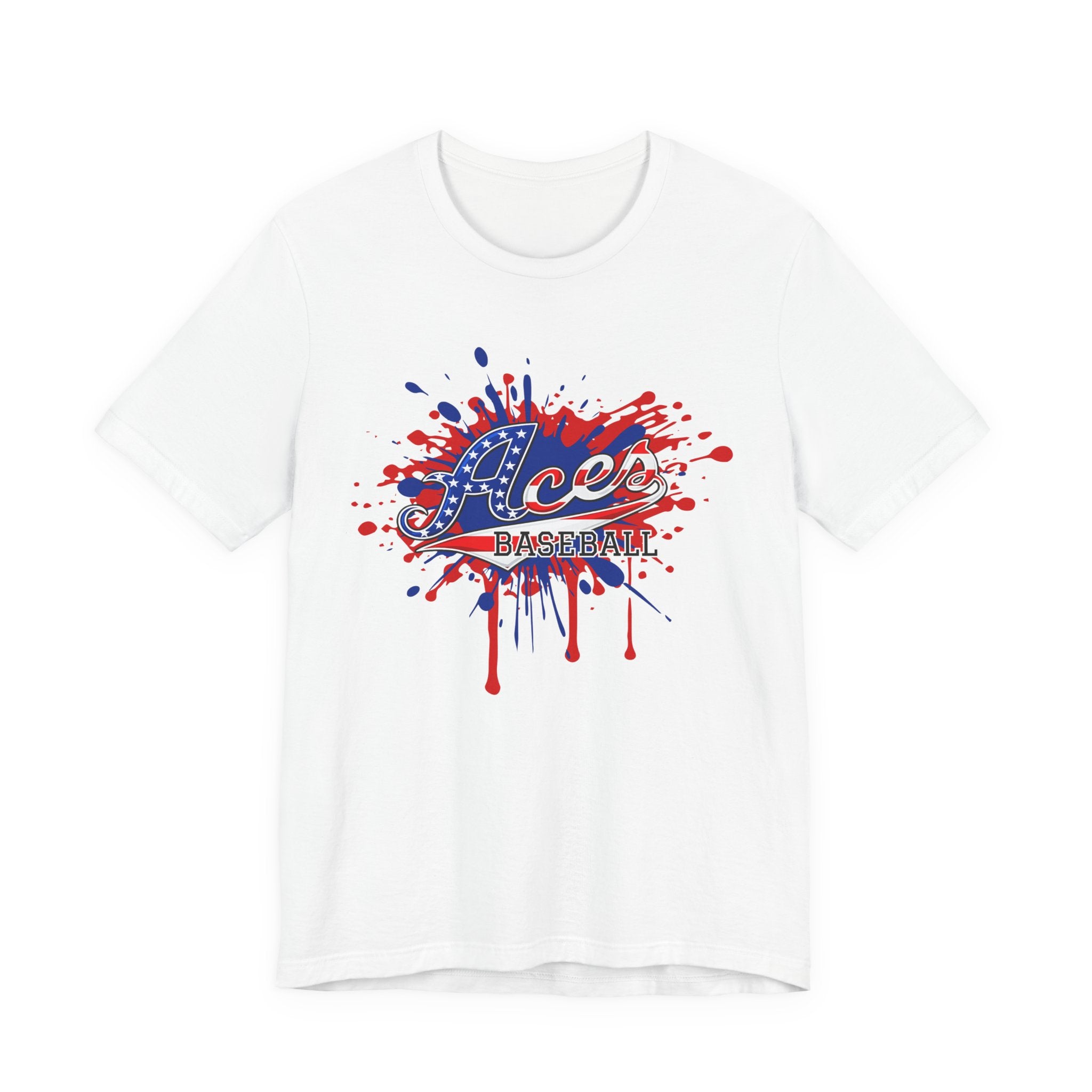Aces Baseball splatter logo Tee | Patriotic red blue ink design