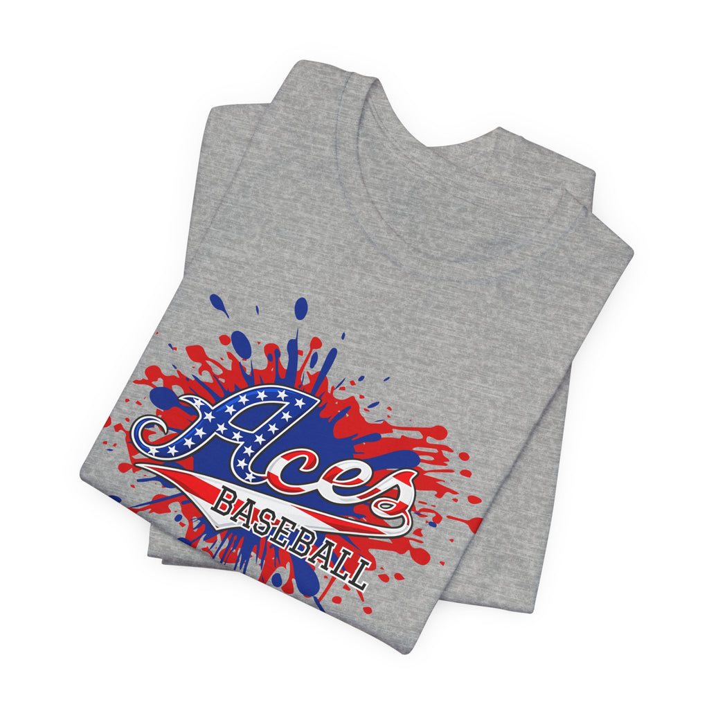 Aces Baseball splatter logo Tee | Patriotic red blue ink design