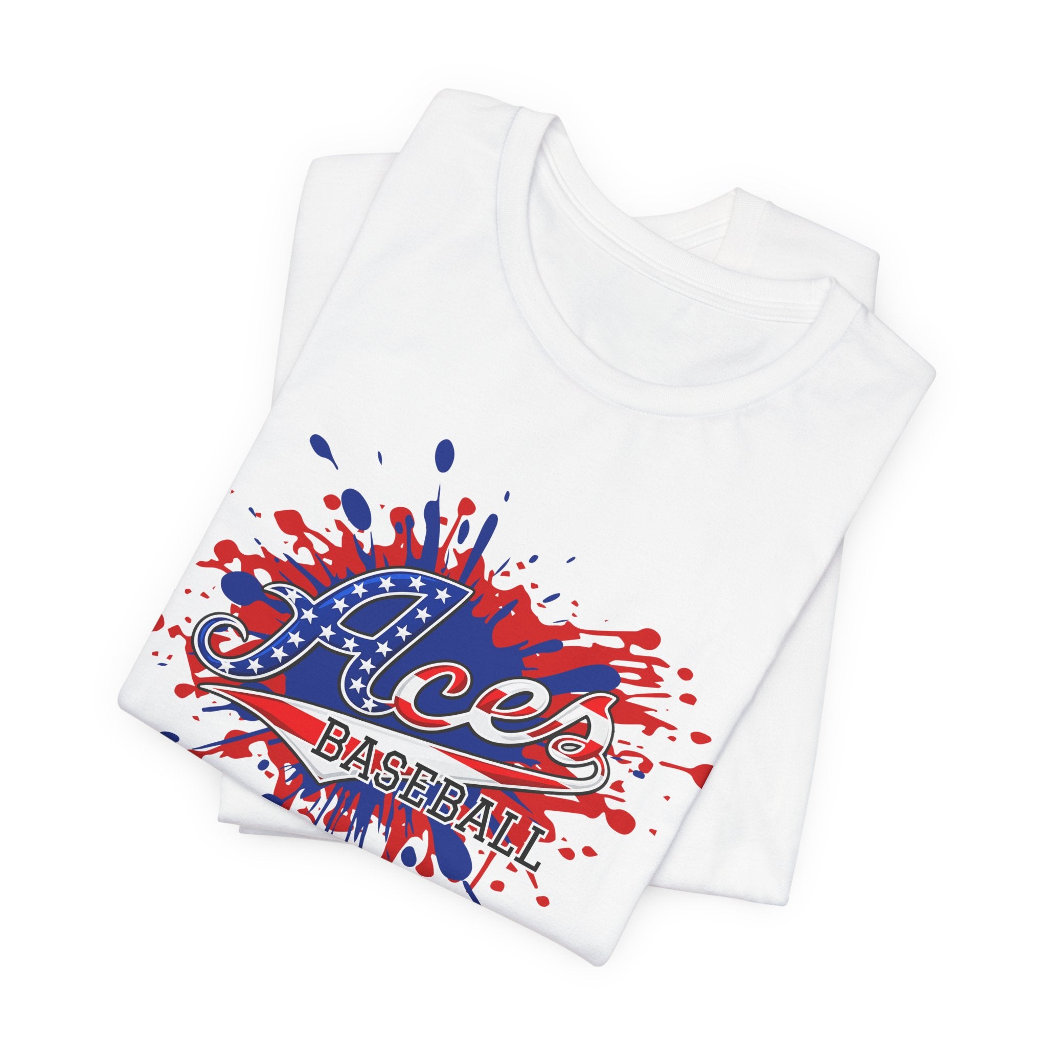 Aces Baseball splatter logo Tee | Patriotic red blue ink design
