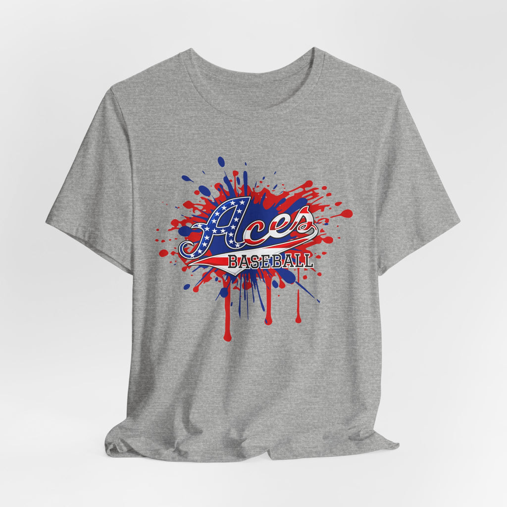 Aces Baseball splatter logo Tee | Patriotic red blue ink design