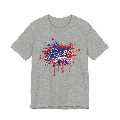 Aces Baseball splatter logo Tee | Patriotic red blue ink design