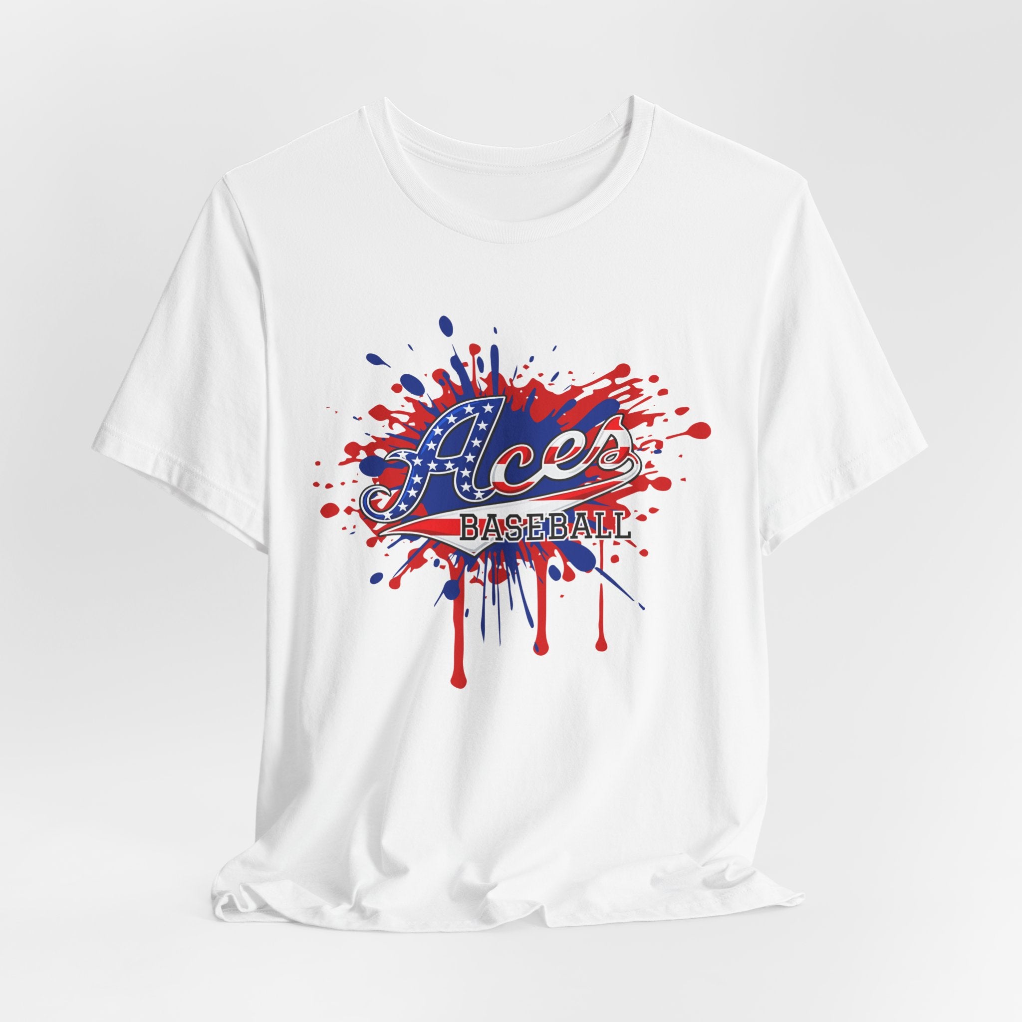 Aces Baseball splatter logo Tee | Patriotic red blue ink design